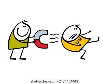 Doodle-gerissener Mann hält einen großen Magneten und lockt eine Frau gegen ihren Willen zu ihm. Vektor-Illustration von psychologischen Tricks in Beziehung mit einem Partner. Isoliertes Paar auf weißem Hintergrund.