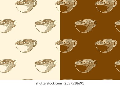 doodle cup of coffee on stick seamless pattern on brown white background for print on packaging, merchandise.  retro cup of coffee icon pattern background. pattern of coffee drink vector background