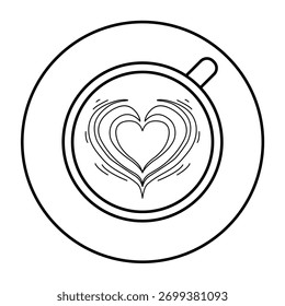 Doodle a cup of coffee, top view. Heart-shaped latte art. Vector illustration isolated on a white background