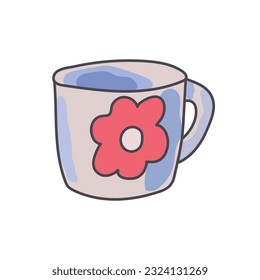 Doodle cup with flower icon on white background. Vector illustration.