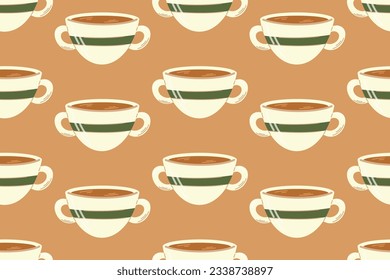 Doodle Cup of hot cartoon tea or coffee, vector seamless flat pattern.