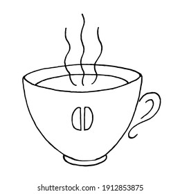 Taza de doodle de café caliente.El dibujo vectorial se puede usar en menús, textiles, páginas de colores, revistas y anuncios de bebidas.
