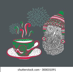Doodle cup with hot drink and cute owl. Vector illustration.