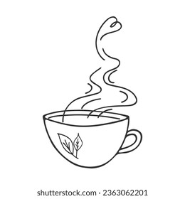 Doodle cup of hot tea. Hand drawn outline mug with herbal natural warm drink. Healthy lifestyle. Cozy autumn winter vector illustration. Design element