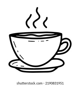 Doodle cup of hot tea vector isolated illustration. Kitchen element. Food and beverage. Cup on plate icon. Warm calming beverage.