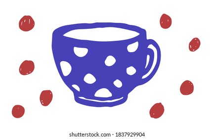 Doodle cup illustration. Simple hand drawn vector drawing. Teacup with polka dots pattern. Kitchen ceramic object