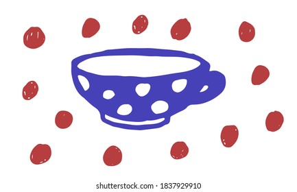 Doodle-Tasse-Illustration. Einfache, handgezeichnete Vektorgrafik. Teakup mit Polka-Punktmuster. Kochnische Keramikobjekte