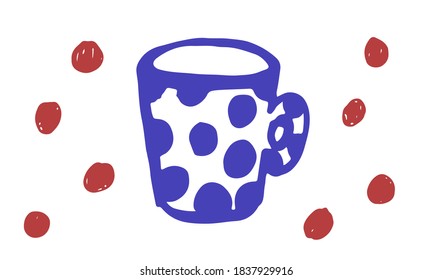 Doodle cup illustration. Simple hand drawn vector drawing. Teacup with polka dots pattern. Kitchen ceramic object