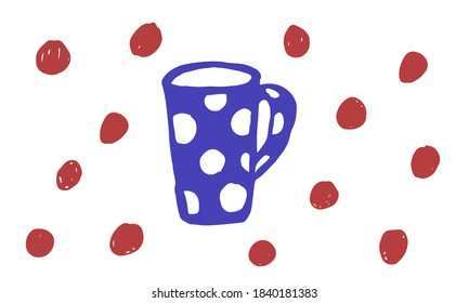 Doodle cup illustration. Simple hand drawn vector drawing. Teacup with polka dots pattern. Kitchen ceramic object