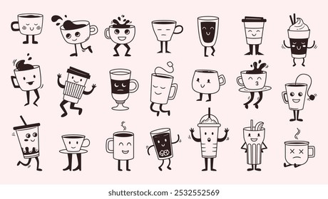 Doodle cup mascots. Cute tea and coffee mug characters for coffee shop drinks menu branding. Funny espresso, cappuccino and latte cups with faces. Playful beverage hand drawn vector illustration set.