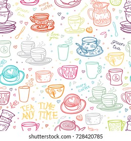 Doodle cup seamless pattern. Beautiful hand drawn outline color background.