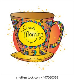 doodle cup of tea of coffee with text - good morning. Inspiration for motivation.