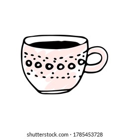 Taza de doodle de té en color aislado en fondo blanco. Plantilla para postal, banner, afiche, diseño web. Ilustración vectorial dibujada a mano.