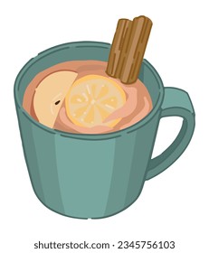 Doodle of cup of tea. Drink with cinnamon, lemon and apple. Cold season beverage clipart isolated on white background. Vector illustration in cartoon style..