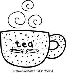 
taza de doodle con té, ilustración dibujada a mano, diseño postal
