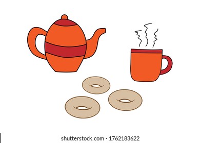 Doodle cup of tea, teapot and donut icon isolated on white. Kids hand drawing line art. Sketch vector stock illustration. EPS 10