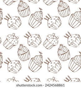 Doodle cupcake with candle outline background for banner. Vector illustration isolated. Pattern can used for greeting card, invitation, menu background, poster, textile, wrapping paper. 