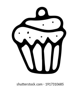 Doodle cupcake with cream. Hand-drawn outline cute dessert isolated on white background. Sweet baking sign of Valentines Day, happy Birthday, celebration, No diet day, bakery. Vector illustration