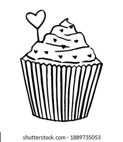 Doodle of cupcake decorated with hearts. Hand drawn vector illustration. Simple sketch isolated on white. Cute contour drawing for st Valentine holiday design, print, postcard, sticker, decor, poster.