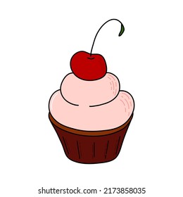 Pastel de Doodle. Esbozo de diseño para la cafetería de menú, bistró, restaurante, cafetería, panadería, etiqueta, afiche, pancarta, volante y embalaje. Ilustración de color vectorial 
