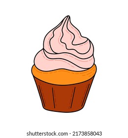 Doodle cupcake. Design sketch element for menu cafe, bistro, restaurant, coffeehouse, bakery, label, poster, banner, flyer and packaging. Vector colorful illustration 