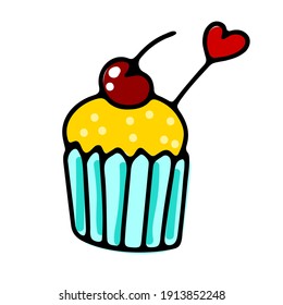 Doodle cupcake with heart and cherry. Hand-drawn color cute dessert isolated on white background. Sweet baking sign of love, Valentine's Day, birthday, celebration, No diet day. Vector illustration