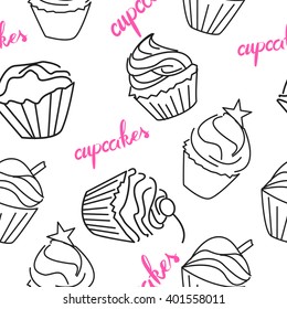 Doodle cupcake line illustration for menu, cards, patterns, wallpaper. Seamless pattern