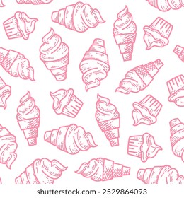 padrão doodle cupcake. padrão doodle sorvete. Fundo de padrão de cone de sorvete. Doce Sobremesas Fundo padrão.