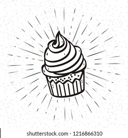 Doodle Cupcake With Scroll And Sunburst On Grunge Background