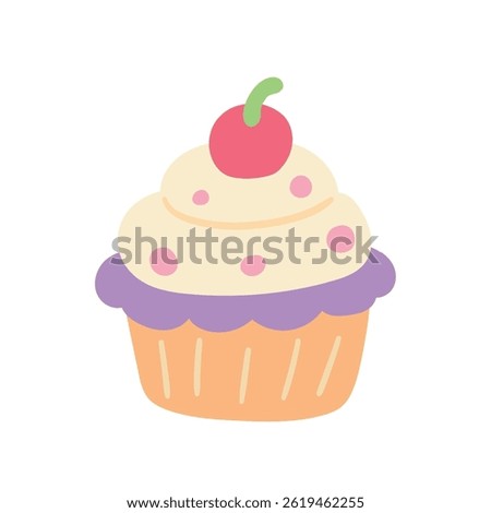 Doodle cupcake with sprinkles and cherry illustration vector. Sweet love bite cupcake clipart. Cupcake coloring page. Valentine, birthday cupcake and sweet dessert clipart, icon vector