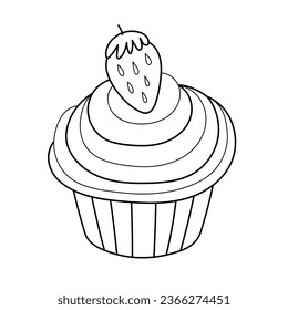 Doodle cupcake with a strawberry on the top. Black and white print. Cute dessert in cartoon style coloring page. Vector illustration