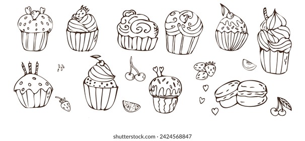 Doodle cupcake - sweet food and berry icons isolated. Vector illustration can used for bakery background, invitation card, poster, textile, banner, greeting card, invitation card, bakery design