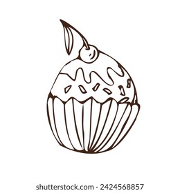 Doodle cupcake - sweet food icon isolated. Vector illustration can used for bakery background, invitation card, poster, textile, banner, greeting card, invitation card, bakery design