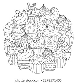 Doodle cupcakes circle shape coloring page. Mandala with sweet cupcakes for coloring book. Food outline background. Vector illustration