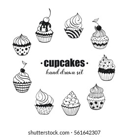 Doodle cupcakes collection. Hand drawn food icons isolated on white background. Sweets doodle set. Handdrawn elements for cafe and restaurant menu design.