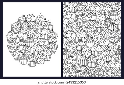 Doodle cupcakes coloring pages set. Black and white templates with sweet desserts. Outline background. Vector illustration