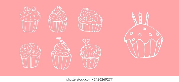 Doodle cupcakes with cream - sweet food on pink background. Vector illustration can used for bakery background, invitation card, poster, textile, banner, greeting card, invitation card, bakery design