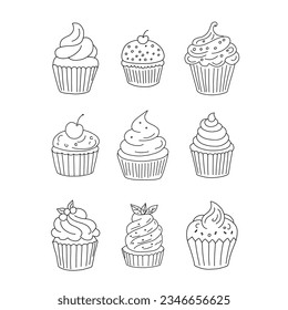 Doodle cupcakes set. Cute doodle coloring page element, teaching materials design element