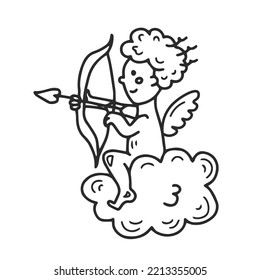Doodle Cupid with bow and arrow. Funny hand drawn smiling Amur, angel, cherub sitting on a cloud in cartoon outline style. Romantic, dating, wedding, love concept design