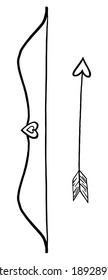Doodle of cupid's bow and arrow. Hand drawn vector illustration. Single romantic sketch isolated on white. Cute contour drawing for Valentines holiday design, print, postcard, sticker, decor, poster.