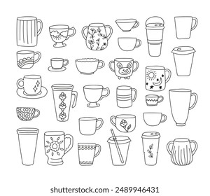 Doodle tazas de colección. Tazas de café y té en estilo escandinavo. Lindo juego de Ilustración vectorial de porcelana de colores. Línea negra sobre fondo blanco.
