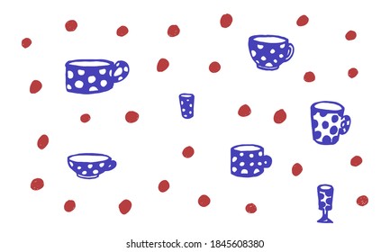 Doodle cups illustration. Simple hand drawn vector drawing. Collection of mugs with polka dots pattern. Kitchen ceramic object