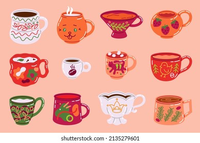 Doodle cups. Mugs for coffee, tea and other hot drinks with minimalistic abstract textures. Vector crockery set