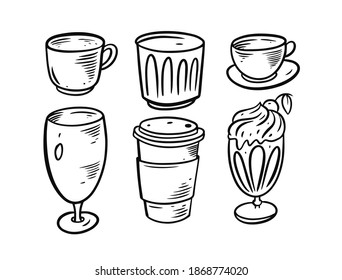 Doodle cups and mugs set. Black and white vector illustration. Isolated on white background. 
