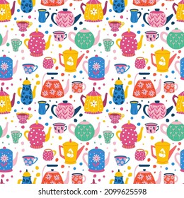 Doodle cups pattern. Seamless print with cartoon mugs of coffee tea and beverages. Vector texture with cup collection