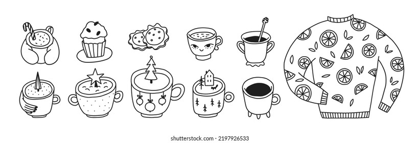 Doodle-Becher-Set. Festliche Becher mit Dekoration. Vektorgrafik von handgezeichneten Desserts, diversen Tränkespezialitäten und einem warmen Pullover mit Orangen im Neujahr.