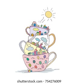 Doodle cups are stacked, the little city of houses and streets on top of the sun