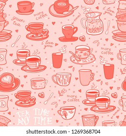 Doodle cups vector seamless pattern. Perfect for restaurant menu, textiles, home decor, womens fashion, gift wrapping paper and stationery.