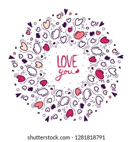 doodle curls. cute hearts. Vector ornament. Valentine's day. Romantic design. Valentine's day background. love you. Wallpaper, flyers, invitation, posters, banners. greeting card, template, wreath