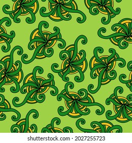 Doodle curls seamless pattern with wavy elements, yellow-green curls on a light green background vector illustration